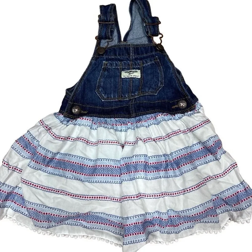 OshKosh B'gosh Kids Girls Red White Blue Denim Stripe Overall Jumper Dress 3T